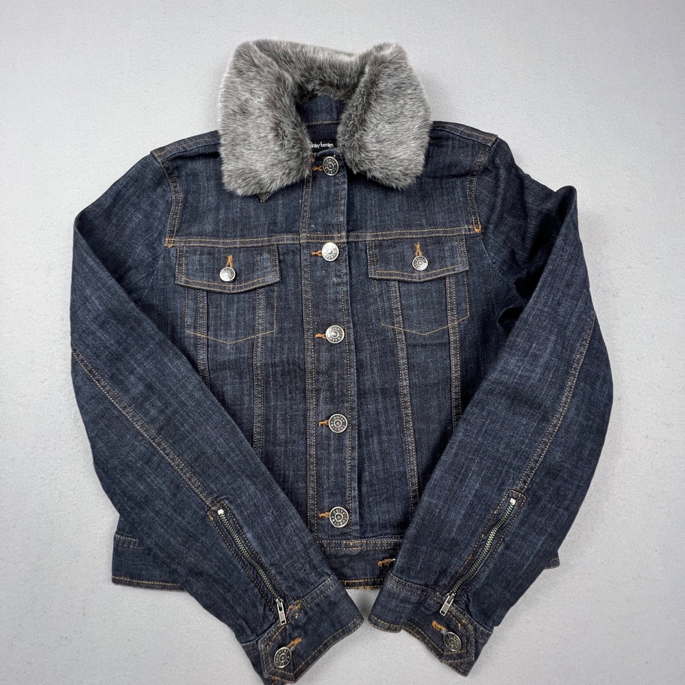 Daisy‎ Fuentes Denim Jacket Women's S Dark Blue Faux Fur Collar Raw Wash Trucker